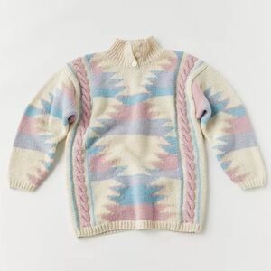 Vintage 100% Wool Pastel Pullover Sweater Size Small Oversized Button Collar Ski